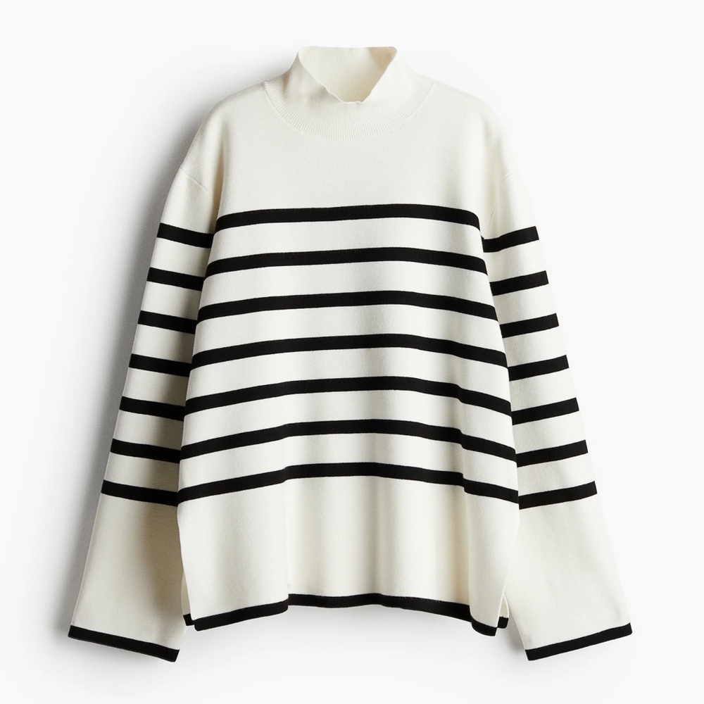 H&M Black & White Striped Turtleneck split hem Sweater elegant old-money coastal